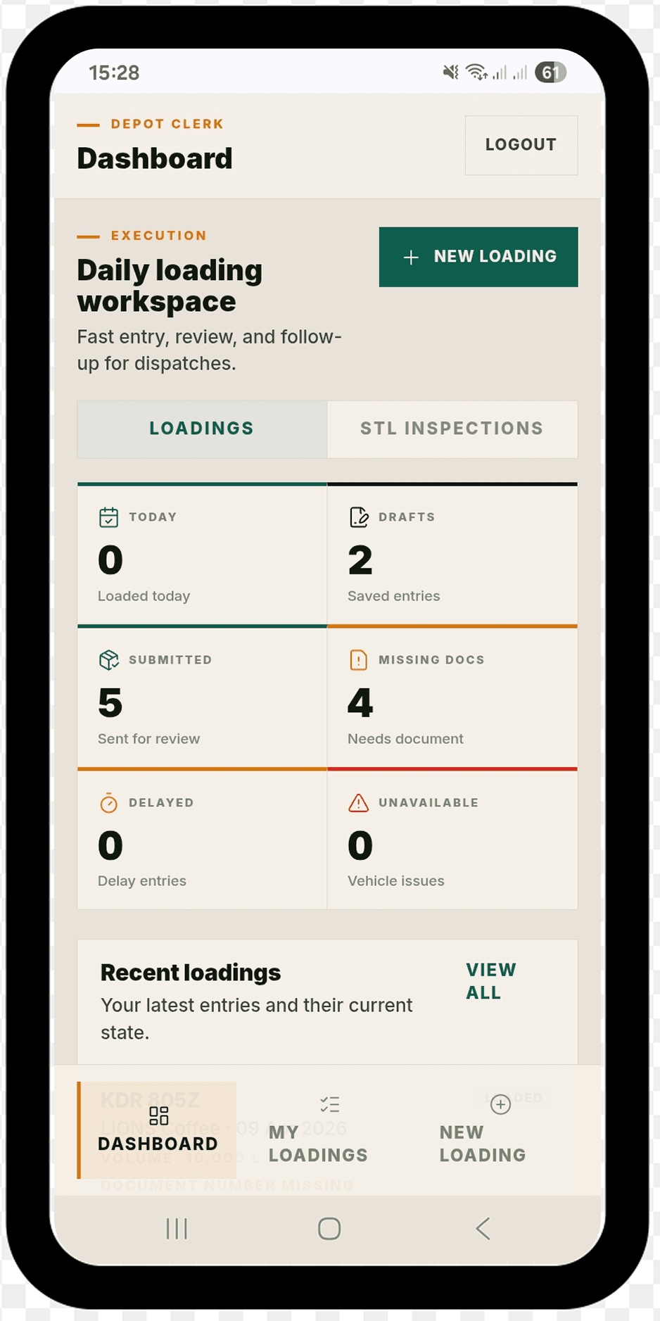 Tanka mobile app dispatch workspace used by drivers and depot clerks